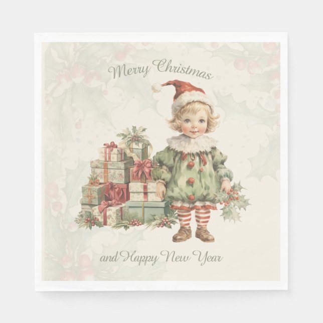 Retro Vintag Boy Weihnachtsgeschenke Holly Serviette (Vorderseite)