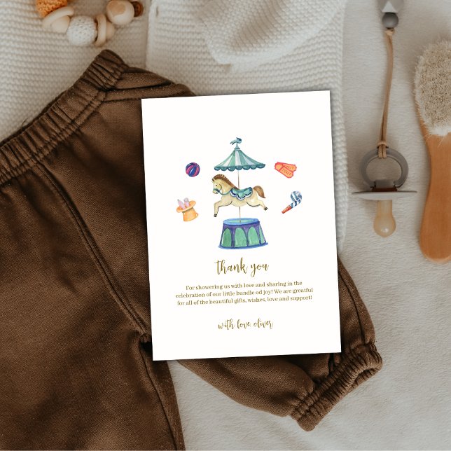 Retro Vintag Carousel Carnival Baby Dusche Dankeskarte (Retro Vintage Carousel Carnival Baby Shower Thank You Card)
