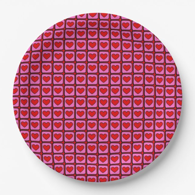 Retro Vintag Checkered Heart Y2K Pattern Pappteller (Vorderseite)