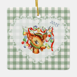 Retro Vintag Coquette Baby Animals Deer Gingham Keramikornament