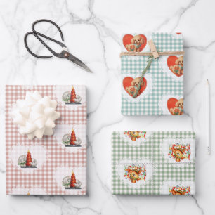 Retro Vintag Coquette Baby Animals Gingham Geschenkpapier Set