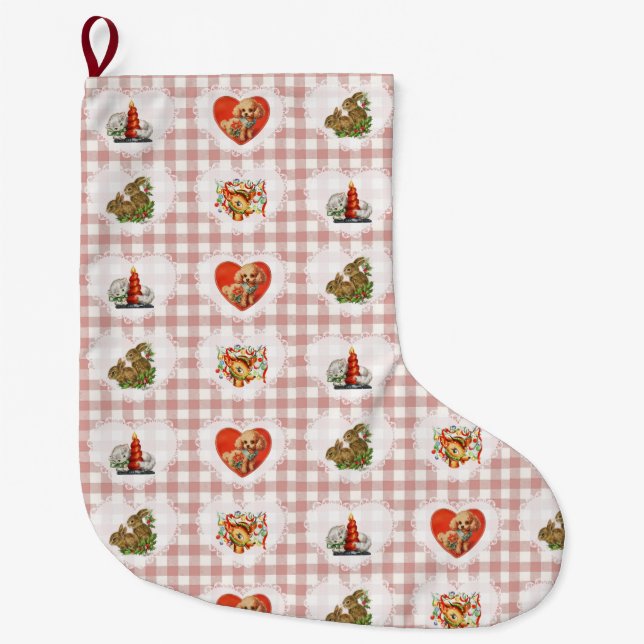 Retro Vintag Coquette Baby Animals Gingham Großer Weihnachtsstrumpf (Vorderseite)