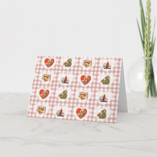 Retro Vintag Coquette Baby Animals Gingham Karte (Vorderseite)