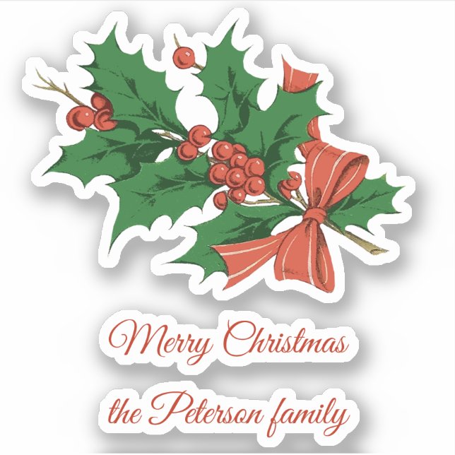 Retro Vintag Frohe Weihnachts Holly Bow Name Aufkleber (Vorderseite)