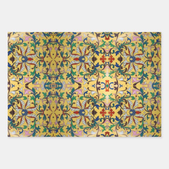 Retro Vintag Gelbe Minton Tile Botanisch Geschenkpapier Set (Vorderseite)