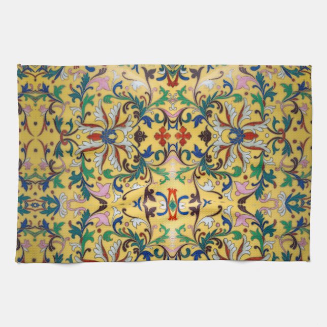 Retro Vintag Gelbe Minton Tile Botanisch Geschirrtuch (Horizontal)