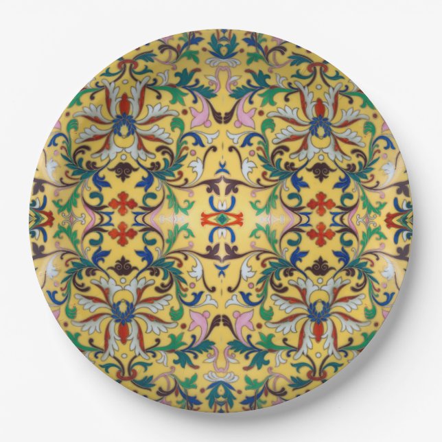 Retro Vintag Gelbe Minton Tile Botanisch Pappteller (Vorderseite)