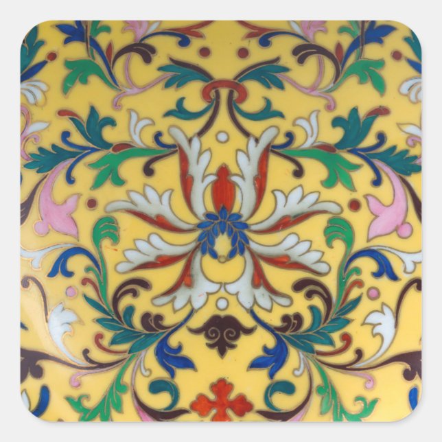 Retro Vintag Gelbe Minton Tile Botanisch Quadratischer Aufkleber (Vorderseite)