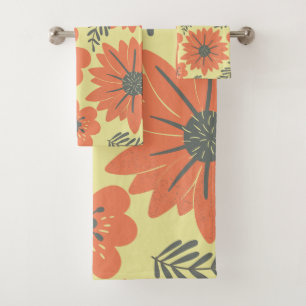 Retro Vintag Gelborange Schwarze Flora Badhandtuch Set