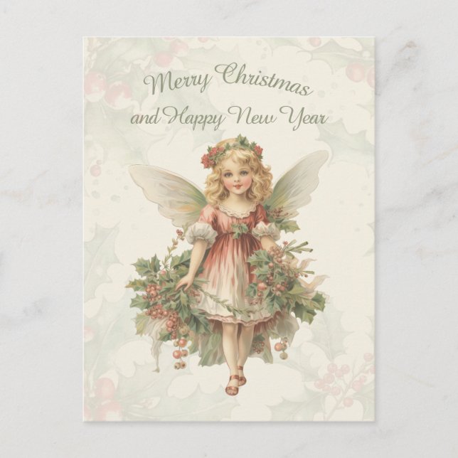 Retro Vintag Girl Angel Christmas Holly Postkarte (Vorderseite)