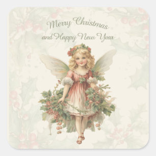 Retro Vintag Girl Angel Christmas Holly Quadratischer Aufkleber