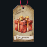 Retro Vintag Golden Bow Red Christmas Geschenkboxe Geschenkanhänger<br><div class="desc">Schöne Retro-Vintage Illustration eines roten Weihnachtsschachts mit goldenem Bogen,  auf einem Retro-Grunge-Hintergrund und Rahmen für einen altertümlichen oder Vintagen Look. Das Design verfügt über ein Vintages Scrollband für Ihre Personalisierung sowohl vorne als auch hinten in diesem eleganten und zeitlosen Holiday Gift Tag.</div>