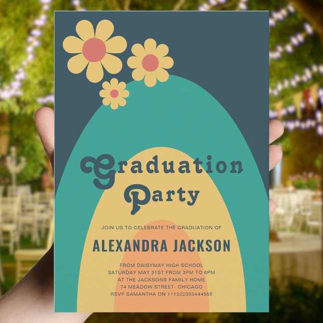 Retro Vintag Graduation Party Einladung (Retro vintage daisy arch high school graduation party invitation )