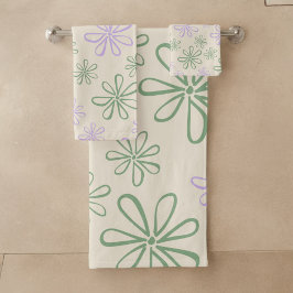 Retro Vintag Green Lila Small Blume Muster Badhandtuch Set