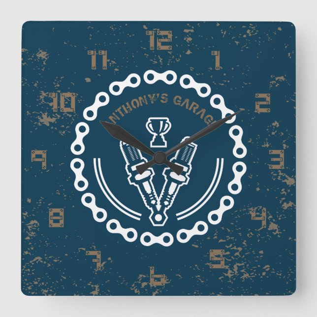 Retro Vintag Grunge Garage Quadratische Wanduhr (Vorderseite)