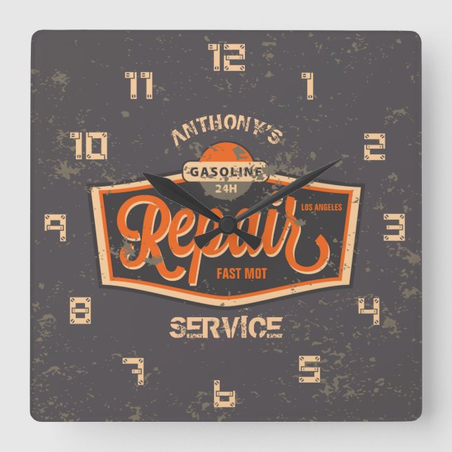 Retro Vintag Grunge Garage Quadratische Wanduhr (Vorderseite)