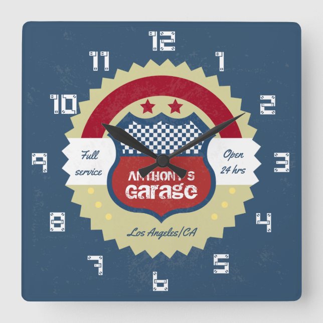 Retro Vintag Grunge Garage Quadratische Wanduhr (Vorderseite)