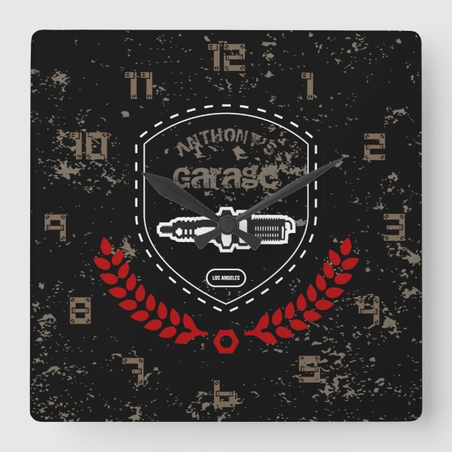 Retro Vintag Grunge Garage Quadratische Wanduhr (Vorderseite)
