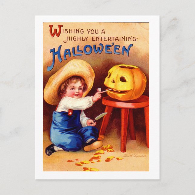 Retro Vintag Halloween Boy Carvier Postkarte (Vorderseite)