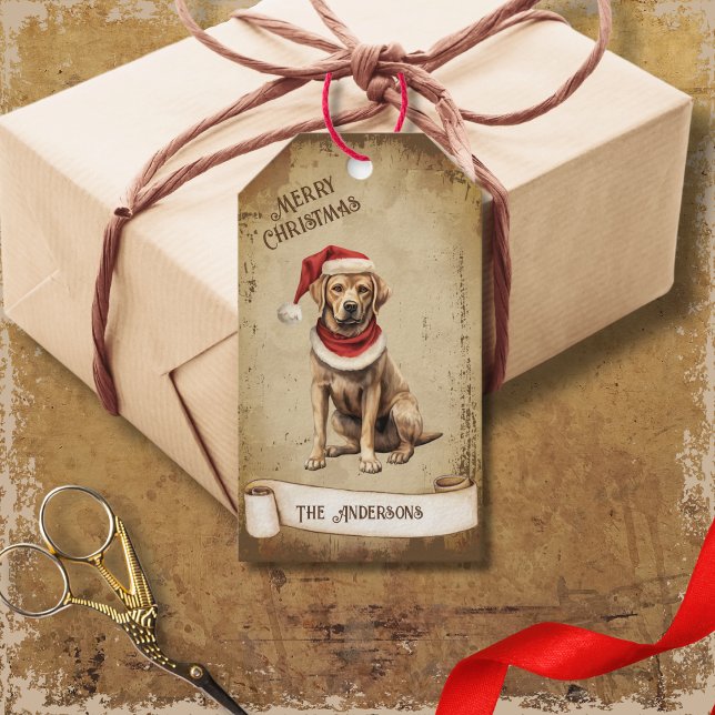 Retro Vintag Hund mit Red Christmas Hat Geschenkanhänger (Von Creator hochgeladen)