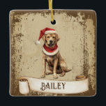 Retro Vintag Hund mit Red Christmas Hat Keramikornament<br><div class="desc">Schöne Retro-Vintage Abbildung eines Hundes mit einem roten Weihnachtshut auf einem Retro-Grunge-Hintergrund und Rahmen für einen altertümlichen oder Vintagen Look. Das Design verfügt über ein Vintages Bildlaufband für Ihre Personalisierung. Auf der Rückseite dieses eleganten und zeitlosen Holiday-Ornaments kann man "mein 1. Weihnachten mit den Andersons" individuell gestalten.</div>