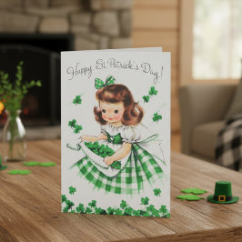 Retro Vintag Irish Lassie mit Kleeblättern Feiertagskarte
