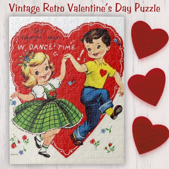 Retro Vintag Kids tanzen Valentinstag Puzzle (Retro Vintage Kids Dancing Valentine's Day Jigsaw Puzzle)