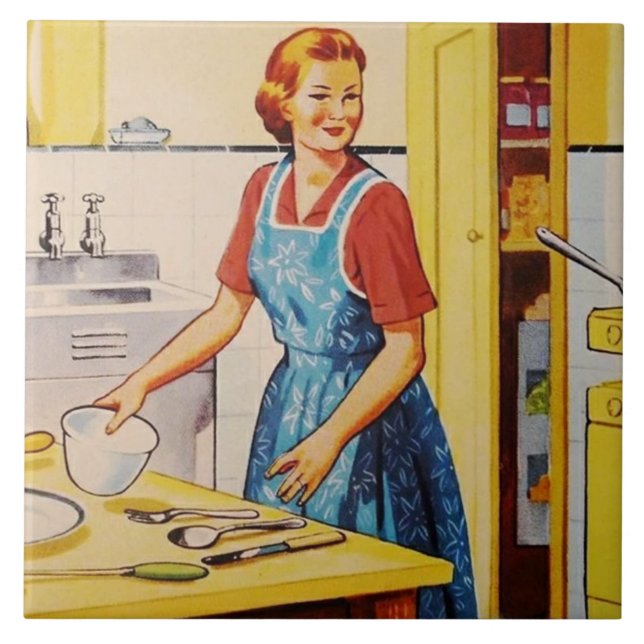 Retro Vintag Kitchen Hausfrau Kochen  Fliese (Vorderseite)
