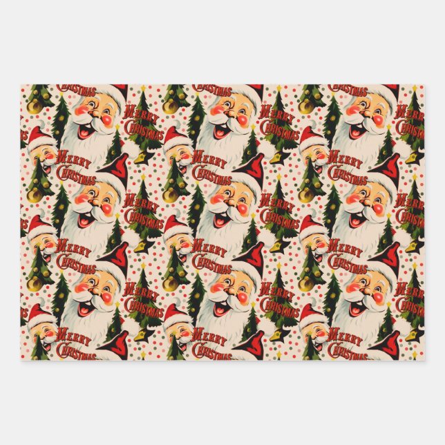 Retro Vintag Laghing Santas Wrapping Paper Geschenkpapier Set (Vorderseite)