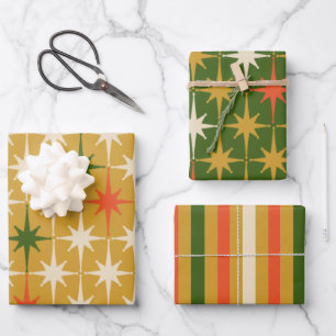 Retro Vintag Mitte des Jahrhunderts Sternmuster Gr Geschenkpapier Set