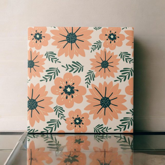 Retro Vintag Mitte Jahrhundert Peach Blume Muster Fliese (Von Creator hochgeladen)