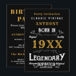 Retro Vintag Monogramm personalisierter Geburtstag Einladung<br><div class="desc">Für alle,  die ihren Geburtstag feiern,  haben wir die ideale Einladung zum Geburtstag. Der schwarze Hintergrund mit Vintagem Typografie-Design in Weiß und Gold ist schlicht und elegant mit Retro-Ambiente. Passen Sie den Text dieses Geburtstagsgeschenks mit der Vorlage einfach an. Mehr Geschenke und Party-Vorräte mit dem "Legendary"-Design im Laden erhältlich.</div>