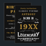 Retro Vintag Monogramm personalisierter Geburtstag Einladung<br><div class="desc">Für alle,  die ihren Geburtstag feiern,  haben wir die ideale Einladung zum Geburtstag. Der schwarze Hintergrund mit Vintagem Typografie-Design in Weiß und Gold ist schlicht und elegant mit Retro-Ambiente. Passen Sie den Text dieses Geburtstagsgeschenks mit der Vorlage einfach an. Mehr Geschenke und Party-Vorräte mit dem "Legendary"-Design im Laden erhältlich.</div>