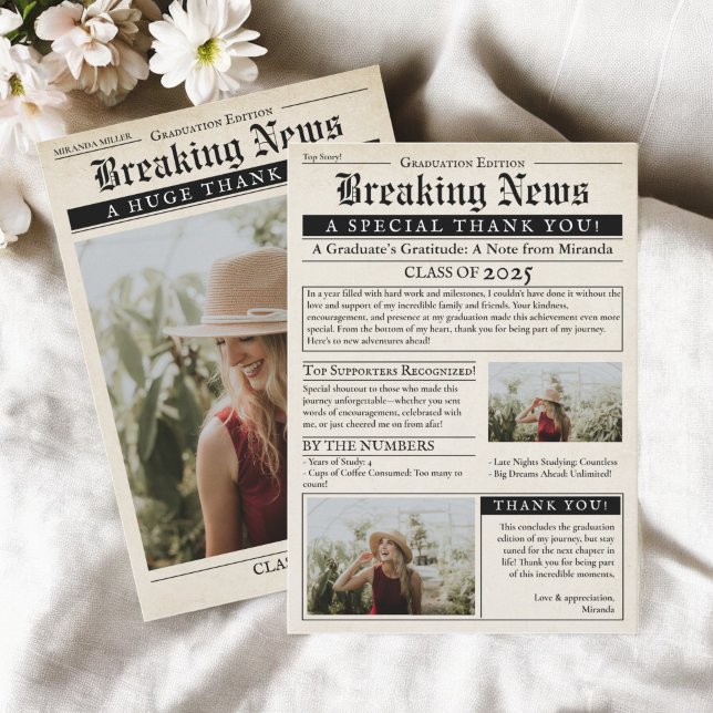 Retro Vintag Newspaper 3 Fotos Abschluss Dankeskarte (Retro Vintage Newspaper 3 Photos Graduation Thank You Card)