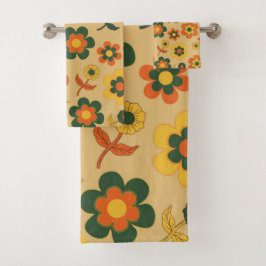 Retro Vintag Orange 70er Blume Muster Badhandtuch Set