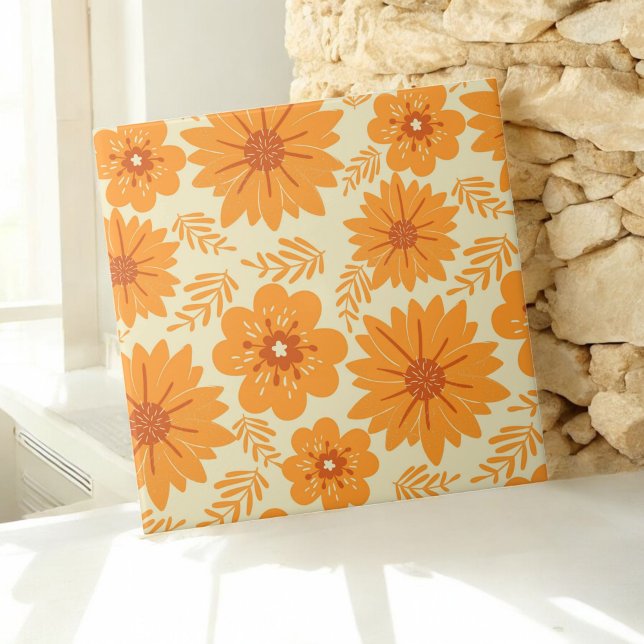 Retro Vintag Orange Botanische Blume Muster Fall Fliese (Von Creator hochgeladen)