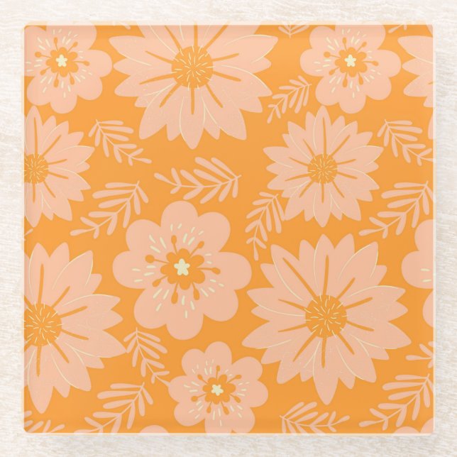Retro Vintag Peach Fuzz Orange Blume Muster Glasuntersetzer (Vorderseite)