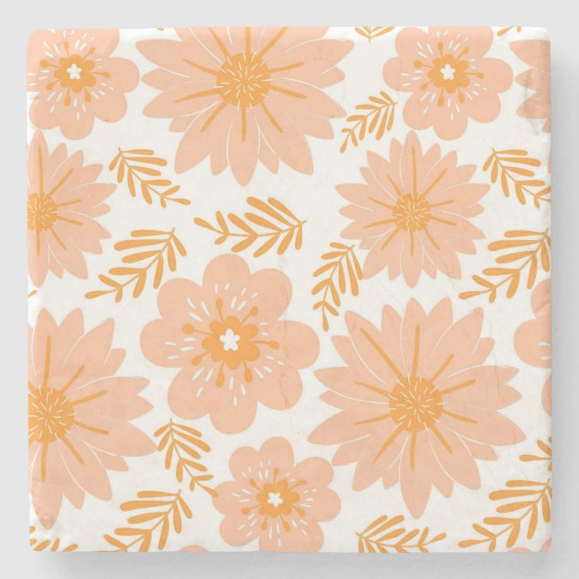 Retro Vintag Peach Fuzz Orange Blume Muster Steinuntersetzer (Vorderseite)