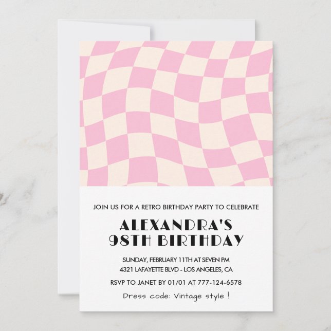 Retro Vintag Pink Checkered 98. Geburtstag Einladung (Vorderseite)