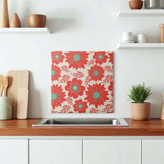 Retro Vintag Red Green Floral Fliese (Von Creator hochgeladen)