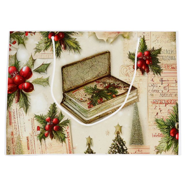 Retro Vintag Red Green Holly Weihnachtsfeiertag Große Geschenktüte (Vorderseite)