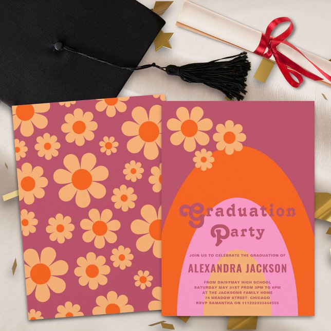 Retro Vintag rosa Orange Graduate Party Einladung (Retro groovy daisy orange & pink graduation party invitation)