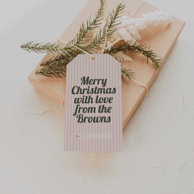 Retro Vintag rosa Streifen Grün Frohe Weihnachten Geschenkanhänger (Von Creator hochgeladen)