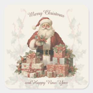 Retro Vintag Santa Holly Frohe Weihnachten Quadratischer Aufkleber