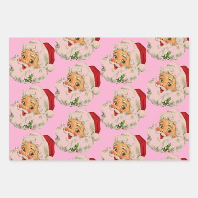 Retro Vintag Santa Pink Weihnachten Geschenkpapier Set (Vorderseite)