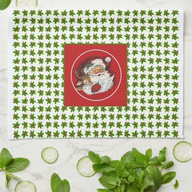 Retro Vintag Santa, Rentier und Holly Geschirrtuch (Gefaltet)