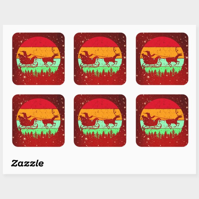 Retro Vintag Sunset Santa Sleigh Rentier Quadratischer Aufkleber (Blatt)