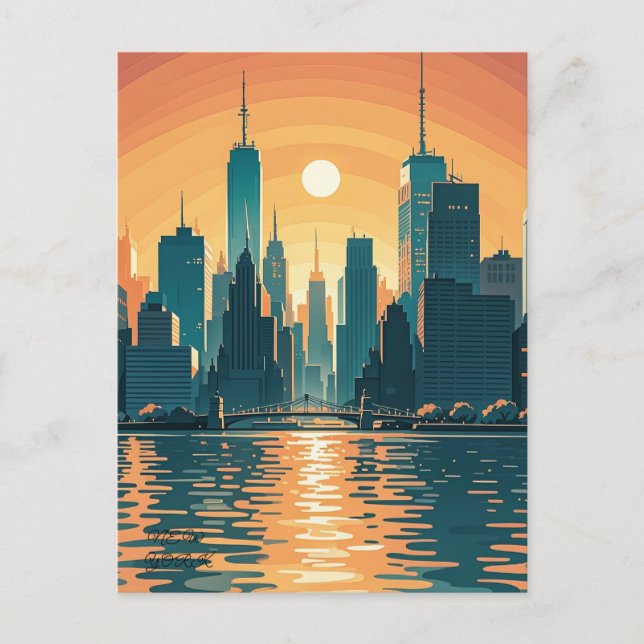 Retro Vintag Sunset über Manhattan Postkarte (Vorderseite)