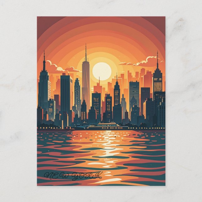 Retro Vintag Sunset über Manhattan Postkarte (Vorderseite)