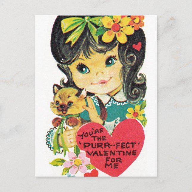 Retro Vintag Valentine Girl Cat Holiday Postkarte (Vorderseite)